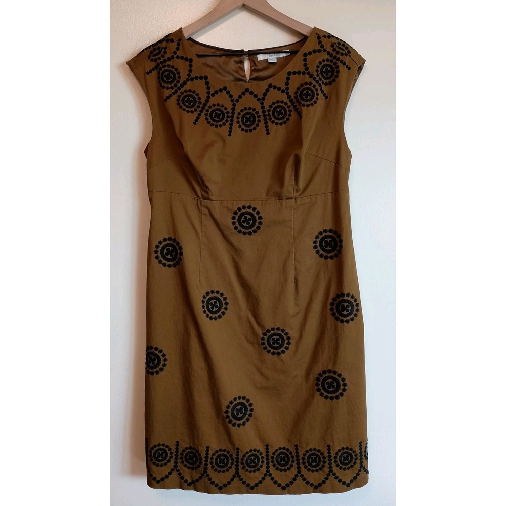 Boden Sleeveless Sheath Dress Size 12 Golden Brown Navy Embroidered Knee Length